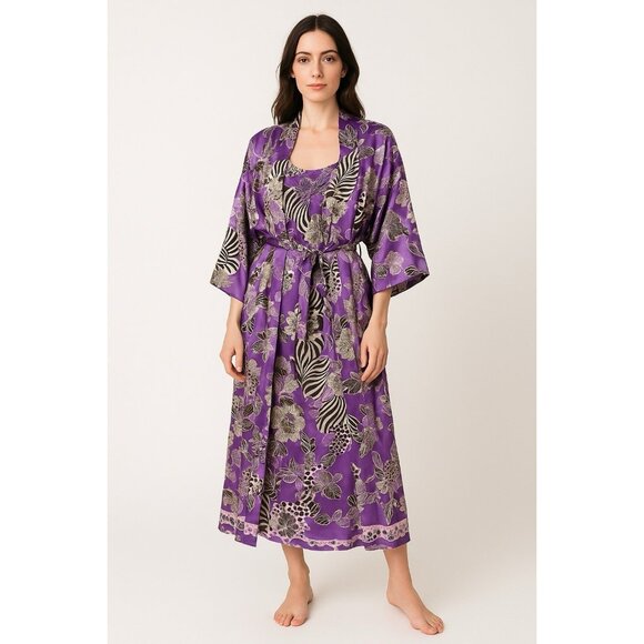 NATORI CRUZ 2 PIECE SET robe slip nightgown satin floral midi kimono purple L - Picture 1 of 13